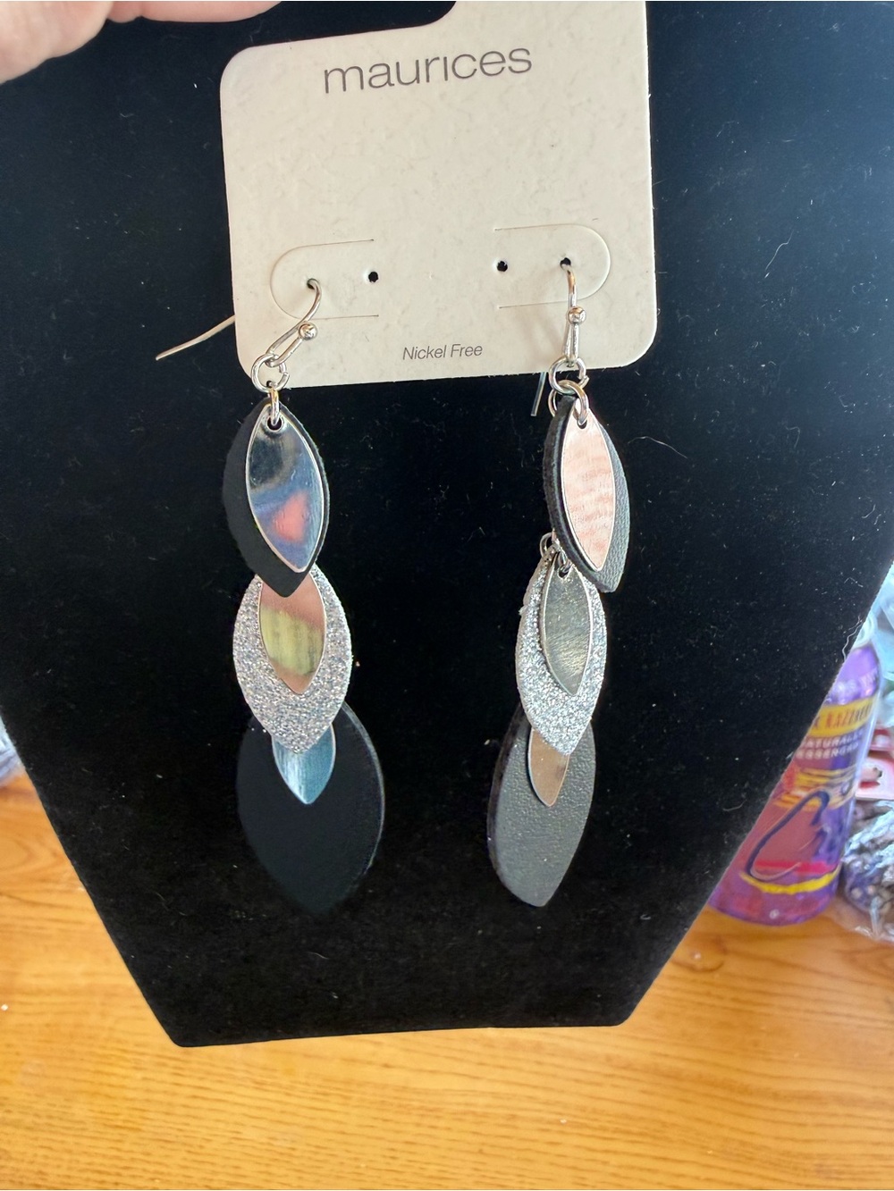 Maurices Black and Silver Layered Leaf Drop Earrings